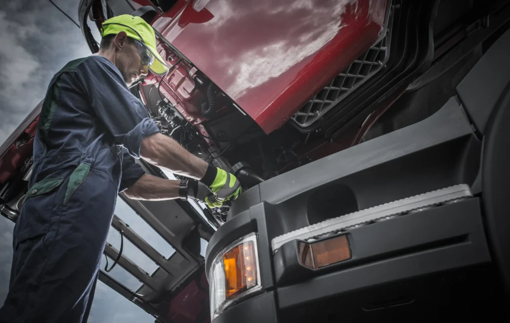Current image: Heavy truck mechanic performing engine repair at Rusted Nuts Mechanical Services