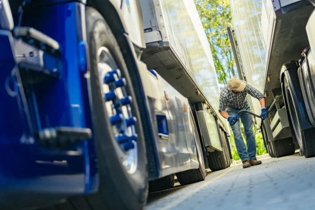 Current image: Mechanic performing a CVIP inspection on a commercial truck in Alberta