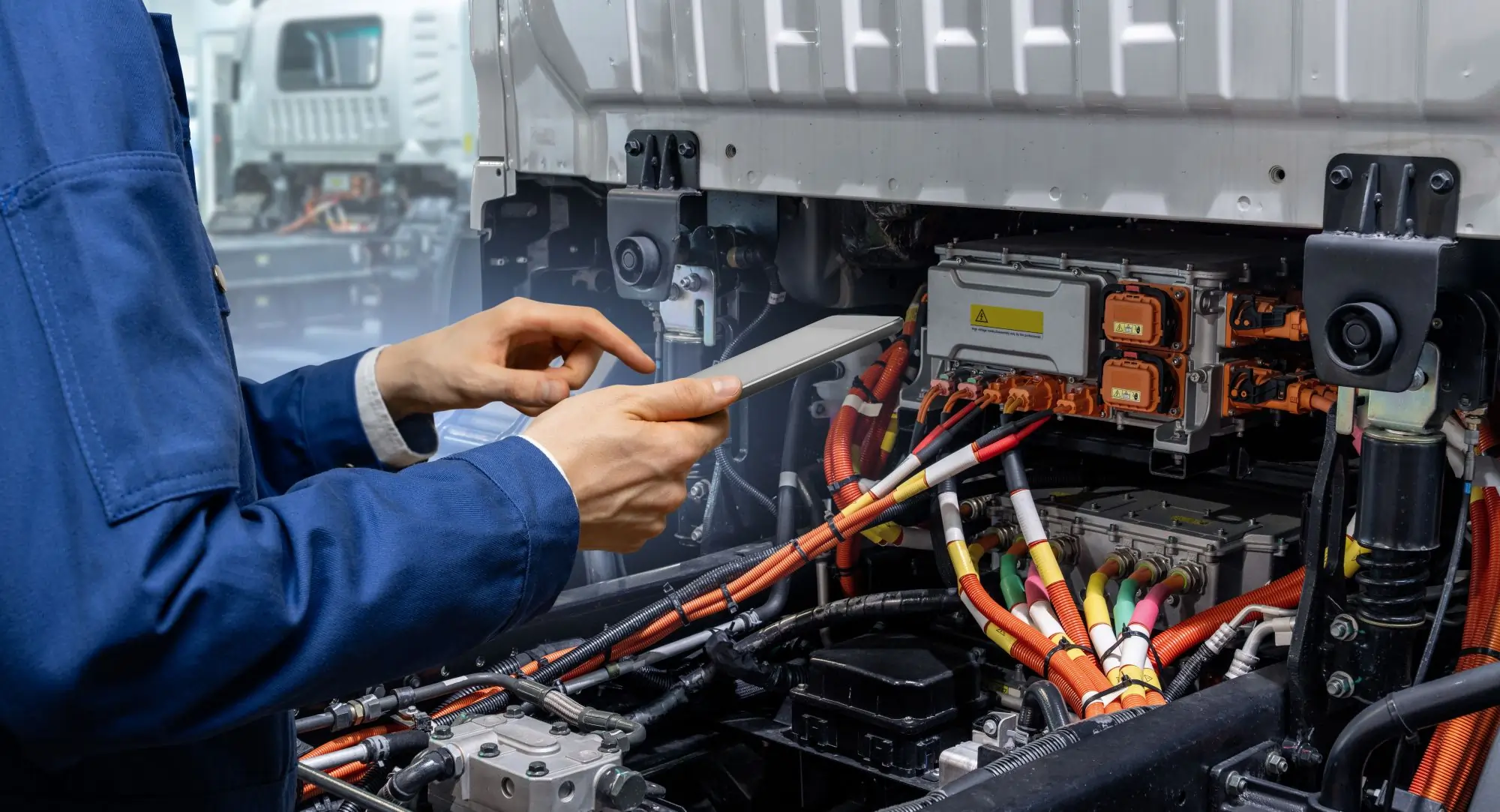 Technician using a voltmeter to test wiring and alternator output on a heavy-duty truck